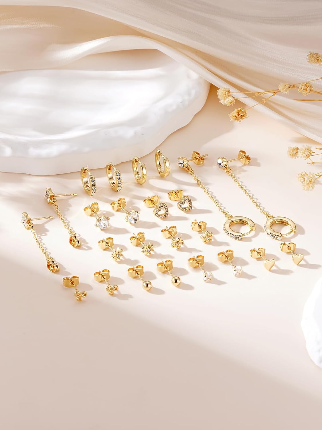 Hypoallergenic Small Gold Stud Earrings for Women 14K Gold Plated CZ Chain Hoops Hypoallergenic Earrings Dainty Clover Flower Heart Bow Stud Earrings for Jewelry Gift - Image 5
