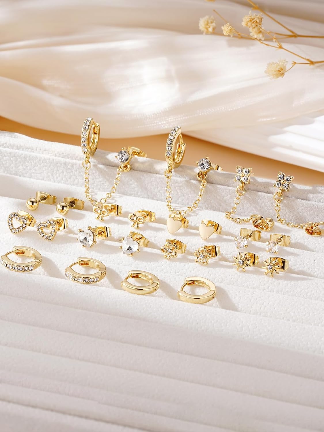 Hypoallergenic Small Gold Stud Earrings for Women 14K Gold Plated CZ Chain Hoops Hypoallergenic Earrings Dainty Clover Flower Heart Bow Stud Earrings for Jewelry Gift - Image 6