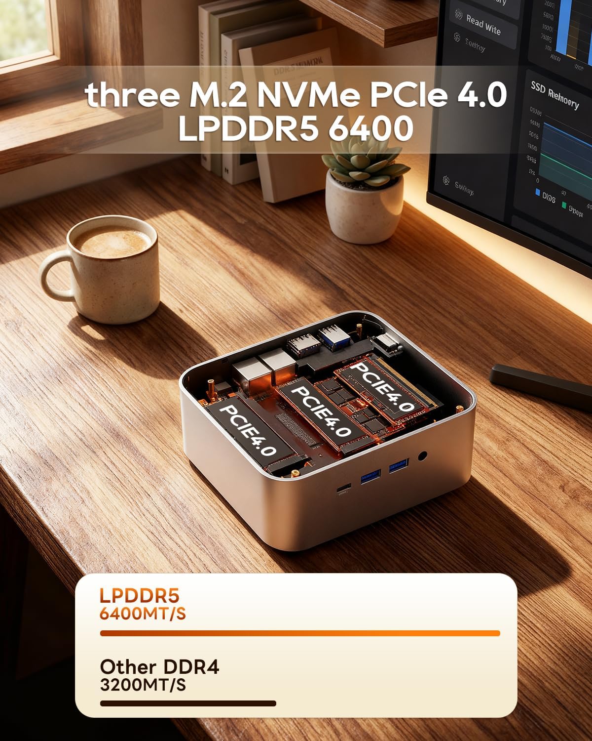 AOOSTAR MACO AMD Ryzen 7 6850H Mini PC (Beat 7735HS/7730U/6800H, up to 4.7GHz), 24GB LPDDR5 RAM+ 1TB PCIe4.0 NVMe SSD, 3×M.2 Slots, Dual 2.5G LAN, Dual USB4, OCuLink, 4-Screen 4K Display - Image 3