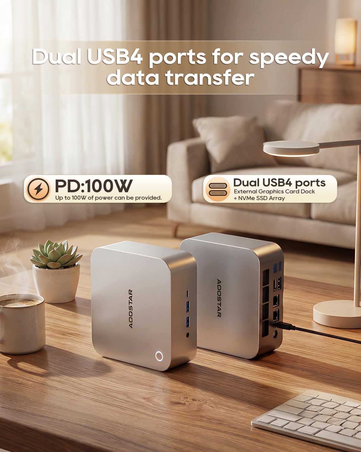 AOOSTAR MACO AMD Ryzen 7 6850H Mini PC (Beat 7735HS/7730U/6800H, up to 4.7GHz), 24GB LPDDR5 RAM+ 1TB PCIe4.0 NVMe SSD, 3×M.2 Slots, Dual 2.5G LAN, Dual USB4, OCuLink, 4-Screen 4K Display - Image 4