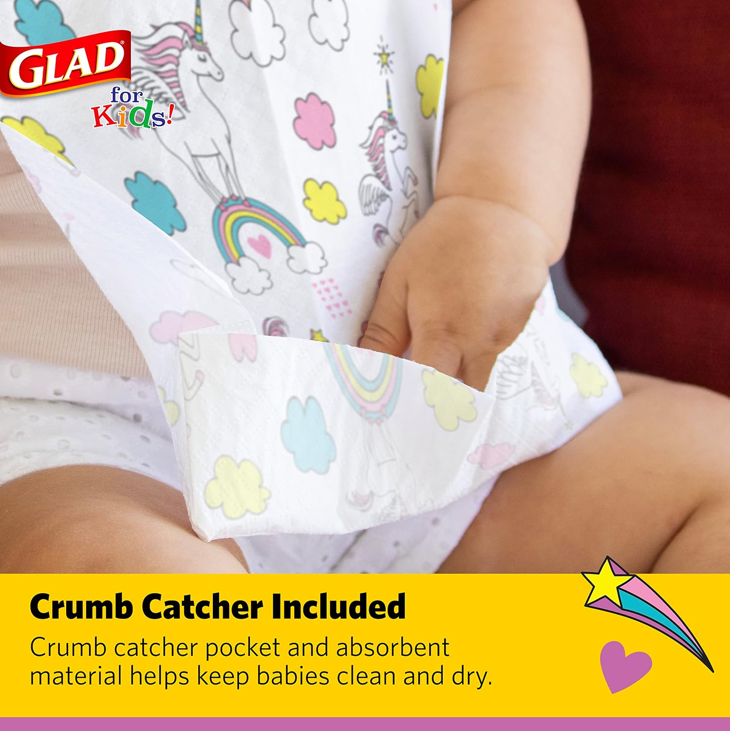 Glad for Kids Disposable Paper Bibs with Crumb Catcher, Unicorns, 30 Count - Image 3