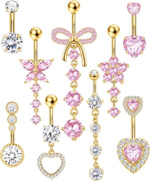 9 Pcs Belly Button Ring for Women Surgical Steel Dangle Pink Belly Piercing