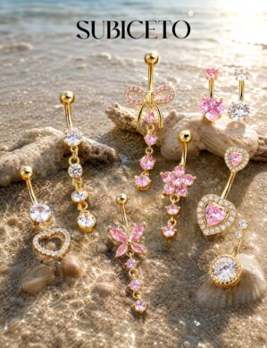 9 Pcs Belly Button Ring for Women Surgical Steel Dangle Pink Belly Piercing