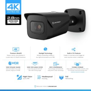 Amcrest UltraHD 4K (8MP) Outdoor Bullet Security IP POE Camera, 98ft NightVision, 2.8mm Lens, IP67 Weatherproof, 256GB MicroSD Recording, Black (IP8M-2496EB-V2)