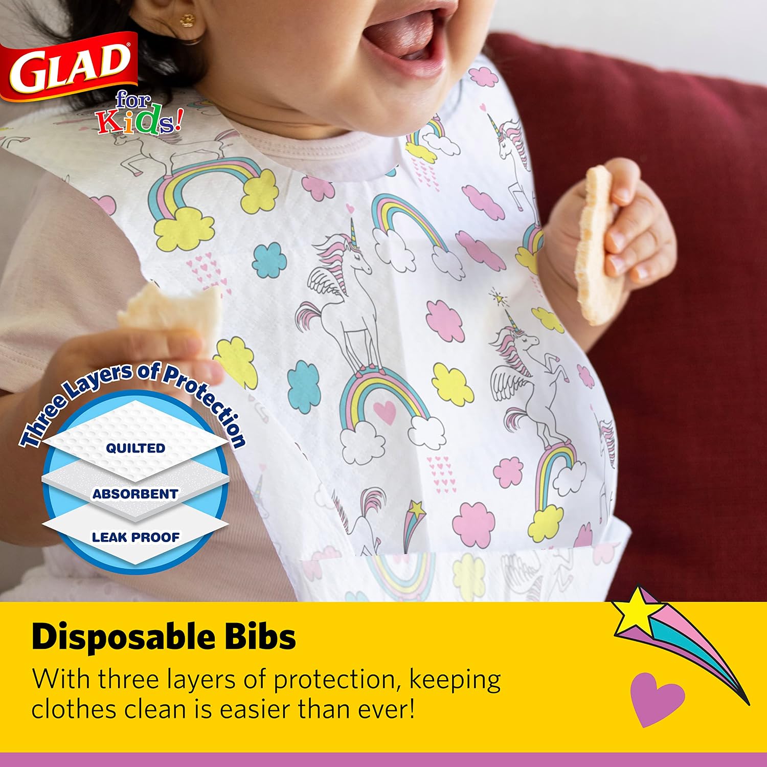Glad for Kids Disposable Paper Bibs with Crumb Catcher, Unicorns, 30 Count - Image 2