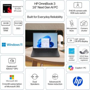HP OmniBook 3 16’’ WUXGA Next Gen AI PC IPS Display Laptop, Snapdragon X X1-26-100 Processor, 16GB DDR5 RAM, 512GB SSD, Copilot AI, Windows 11 Home, Mica Silver, 16-bz0010wm
