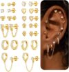 Hypoallergenic Small Gold Stud Earrings for Women 14K Gold Plated CZ Chain Hoops Hypoallergenic Earrings Dainty Clover Flower Heart Bow Stud Earrings for Jewelry Gift