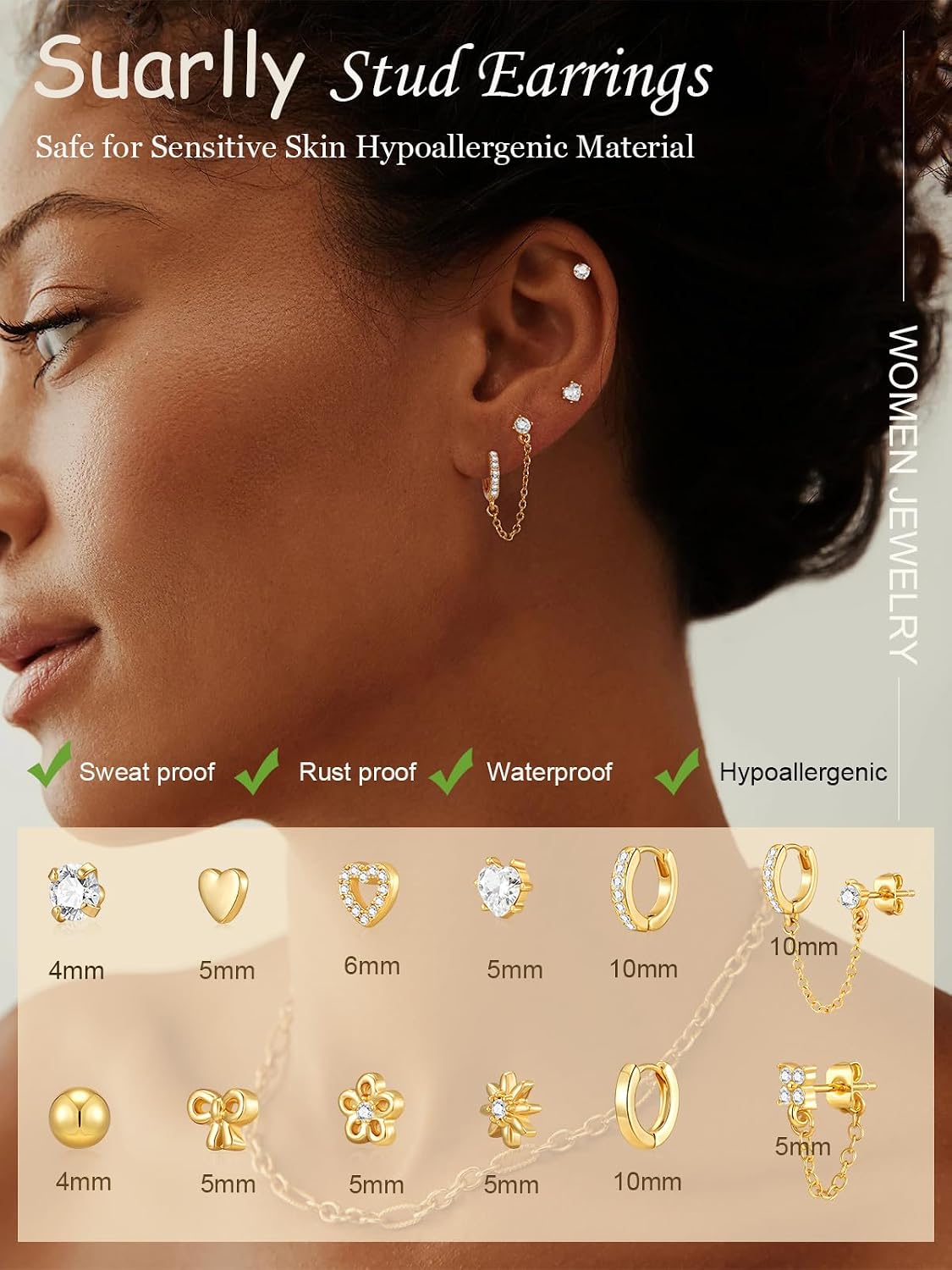 Hypoallergenic Small Gold Stud Earrings for Women 14K Gold Plated CZ Chain Hoops Hypoallergenic Earrings Dainty Clover Flower Heart Bow Stud Earrings for Jewelry Gift - Image 2