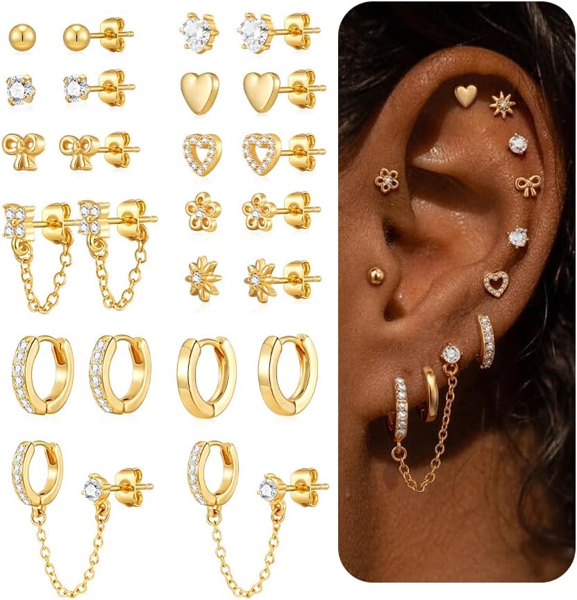 Hypoallergenic Small Gold Stud Earrings for Women 14K Gold Plated CZ Chain Hoops Hypoallergenic Earrings Dainty Clover Flower Heart Bow Stud Earrings for Jewelry Gift
