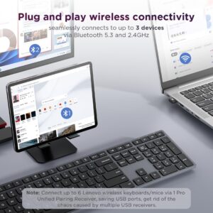 Lenovo 700 Modern Wireless Keyboard & Mouse Combo, 2.4 GHz Dongle & Dual Bluetooth Connection, AES-128 Encryption, 36 Month Battery Life, Quiet Mouse, Luna Grey