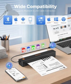 Rongta Thermal Portable Printers Wireless for Travel, Bluetooth Mobile Printer, Inkless Printer for School/Office/Home Use, Compatible with Android,iOS & Laptop(Black)