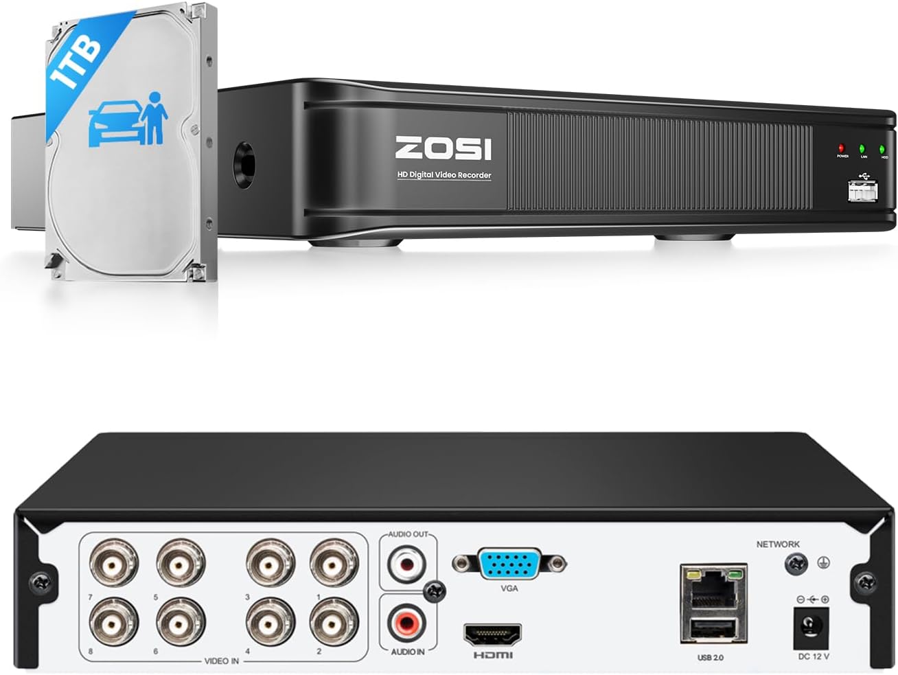 ZOSI H.265+ 8 Channel 3K Lite Security DVR Recorder, Hybrid 4-in-1, 1TB HDD