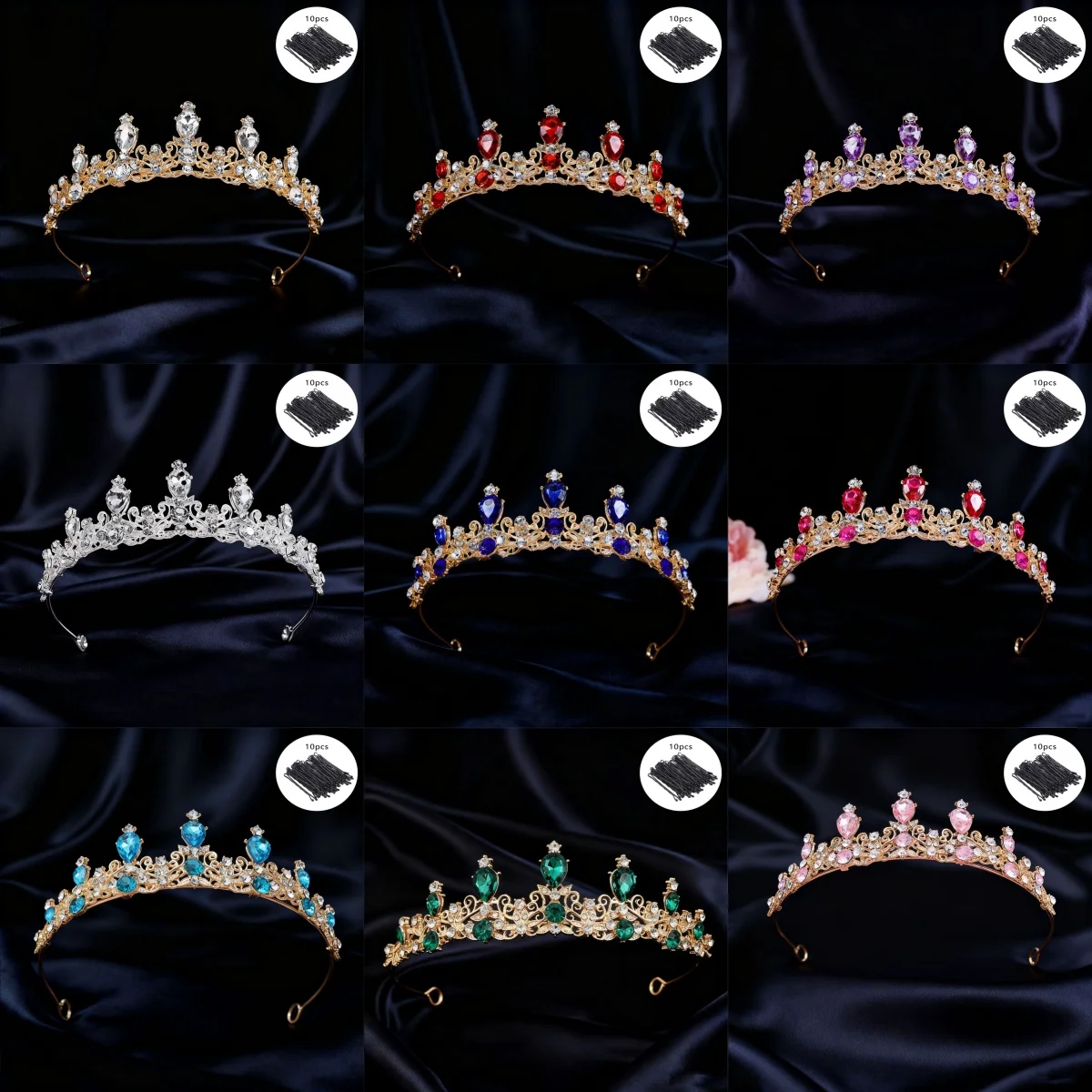 Bridal Tiara Vintage Scroll Rhinestone Queen Crown 10Pcs Bobby Pins Elegant Sparkling Headpiece Wedding Pageant Formal Events