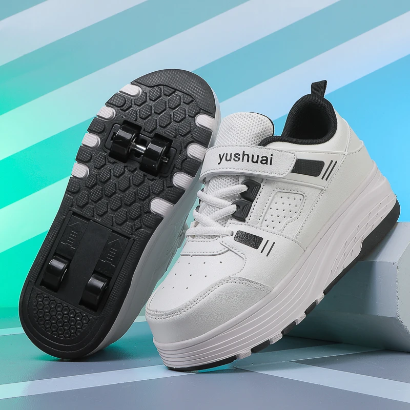 Kids 4‑Wheel Retractable Roller Skate Shoes, Hidden Wheeled Sneakers for Boys Girls Students, Outdoor Sports Footwear