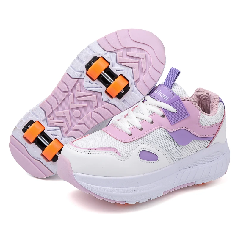 Kids Roller Skates 4 Wheels Detachable Wheeled Sneakers Girls Outdoor Sports Deformable Wheel Shoes