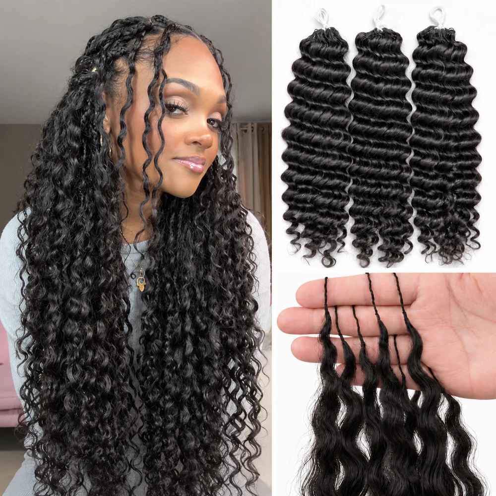 Natural Black Color Water Wave Deep Wave Feather Crochet Human Hair Extensions Miracle Knots Knotless Pre Separated Boho Braiding Hair Soft Natural Curls Lightweight Reusable Protective Style For Women