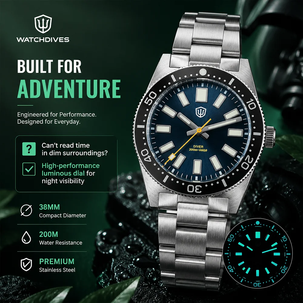 Watchdives 37Mm WD1965 V2 Man Watches VH31 Sweep Quartz Wristwatch Sapphire 200M Waterproof BGW9 Luminous Slim Wrist Men Watch