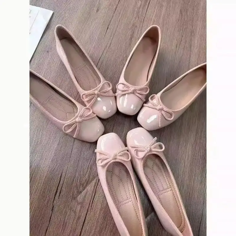 Women Ballet Flats Square Toe Bowknot Slip on Patent-Look Glossy Shoes Ladies Casual Office Everyday Walking Dress Footwear