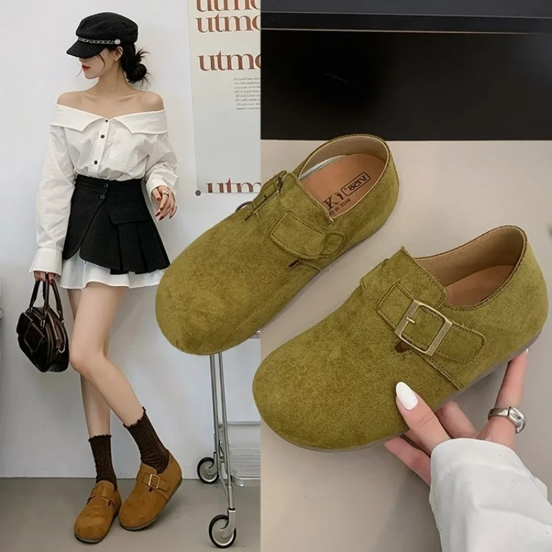 Women Suede Closed Back Birken Shoes Square Metal Buckle Round Toe Soft Sole Retro Casual Flat Daily Footwear For Ladies