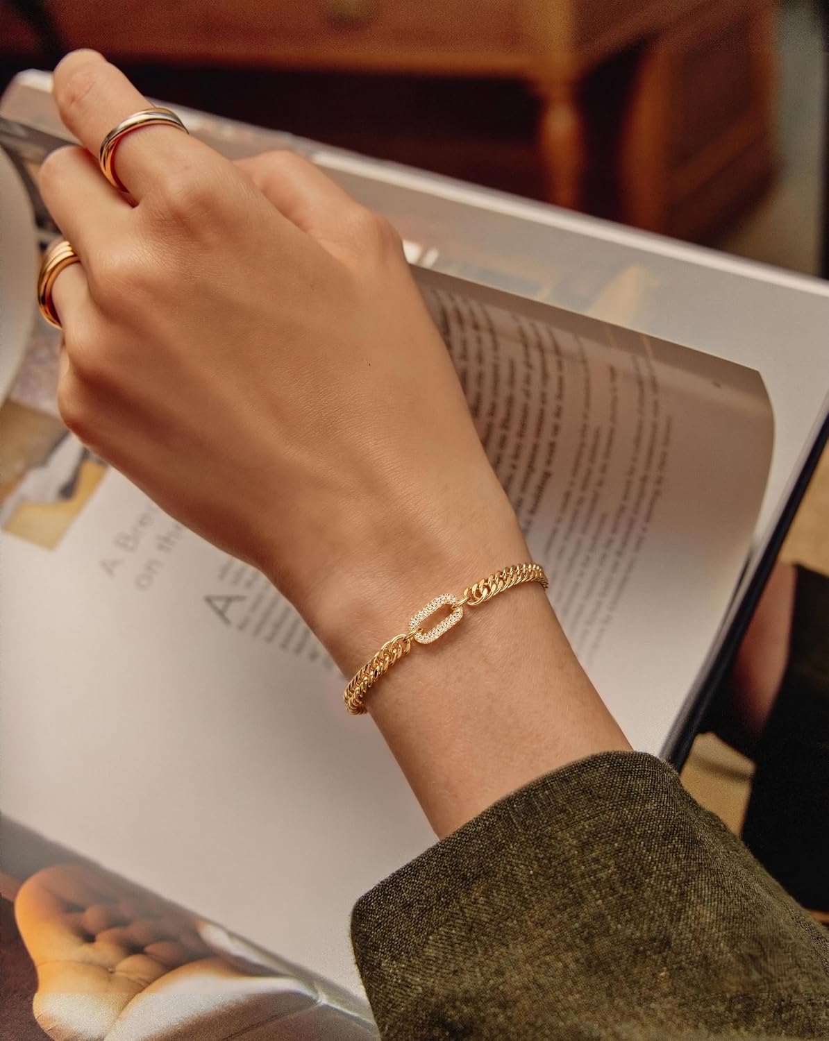 Chunky Gold Bracelet for Women, 14K Gold Plated Cuban Link with CZ - Image 3