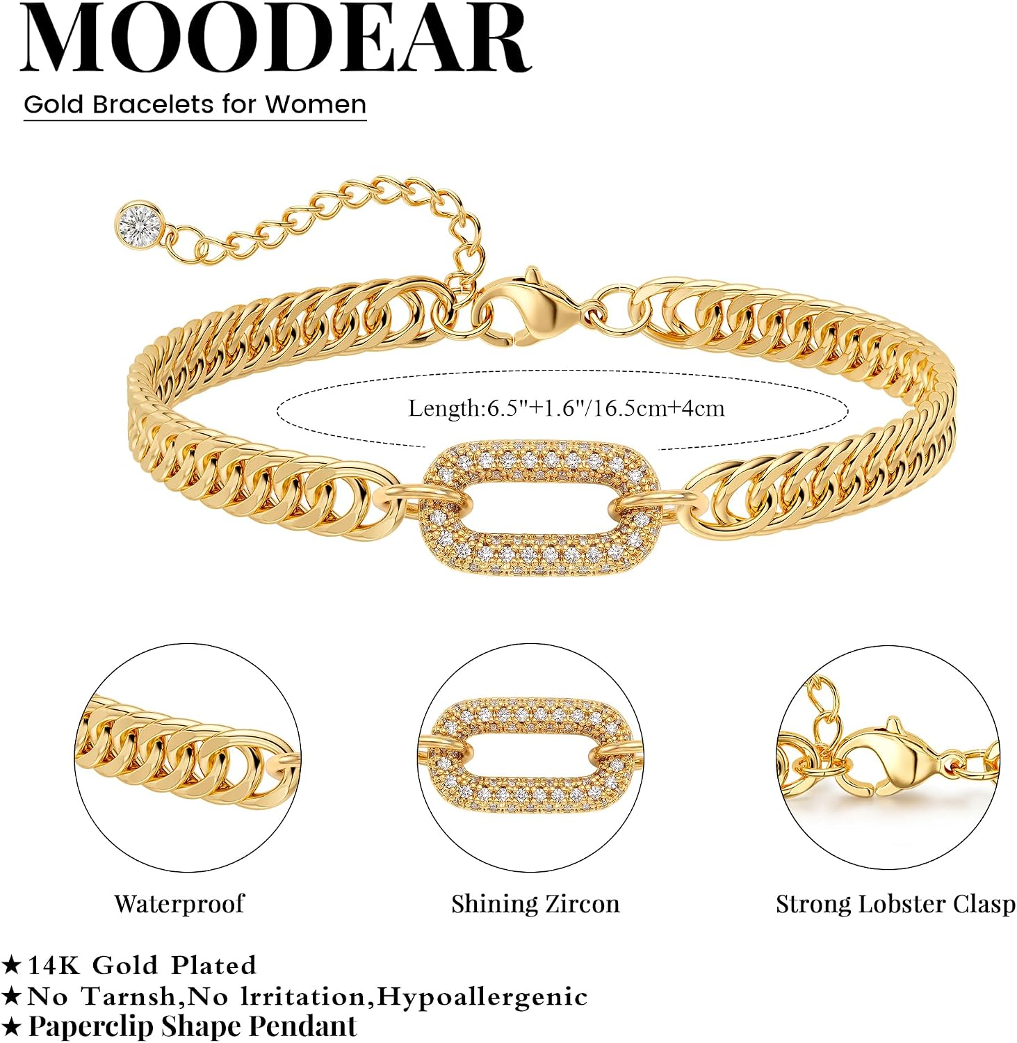 Chunky Gold Bracelet for Women, 14K Gold Plated Cuban Link with CZ - Image 6