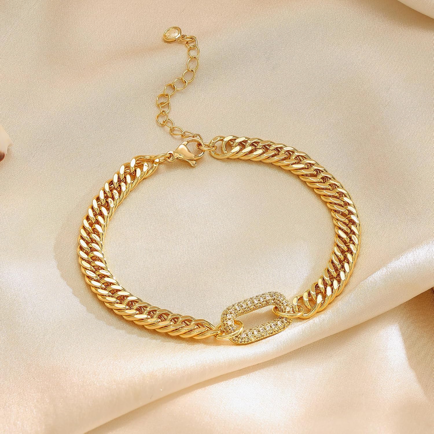 Chunky Gold Bracelet for Women, 14K Gold Plated Cuban Link with CZ - Image 7