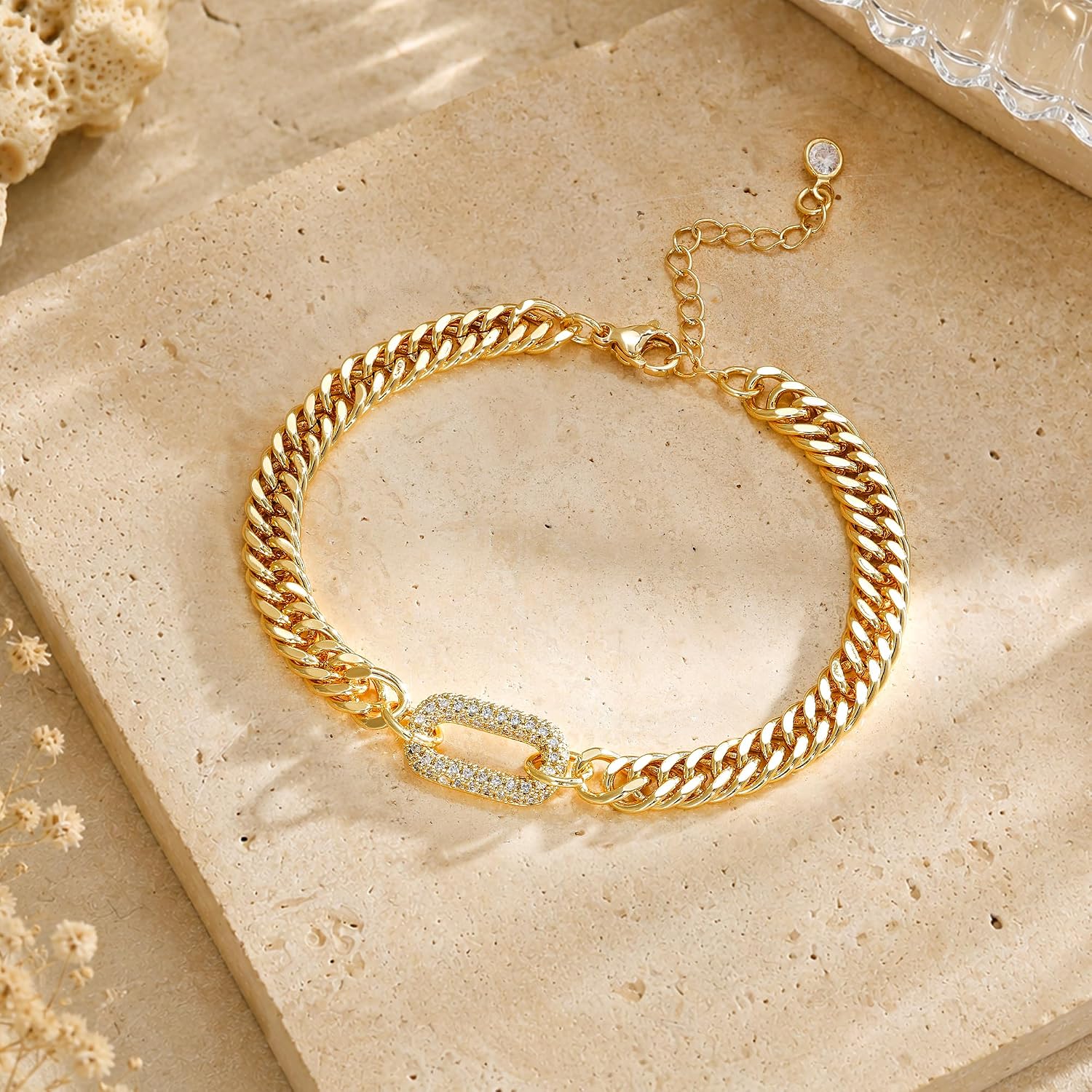 Chunky Gold Bracelet for Women, 14K Gold Plated Cuban Link with CZ - Image 8