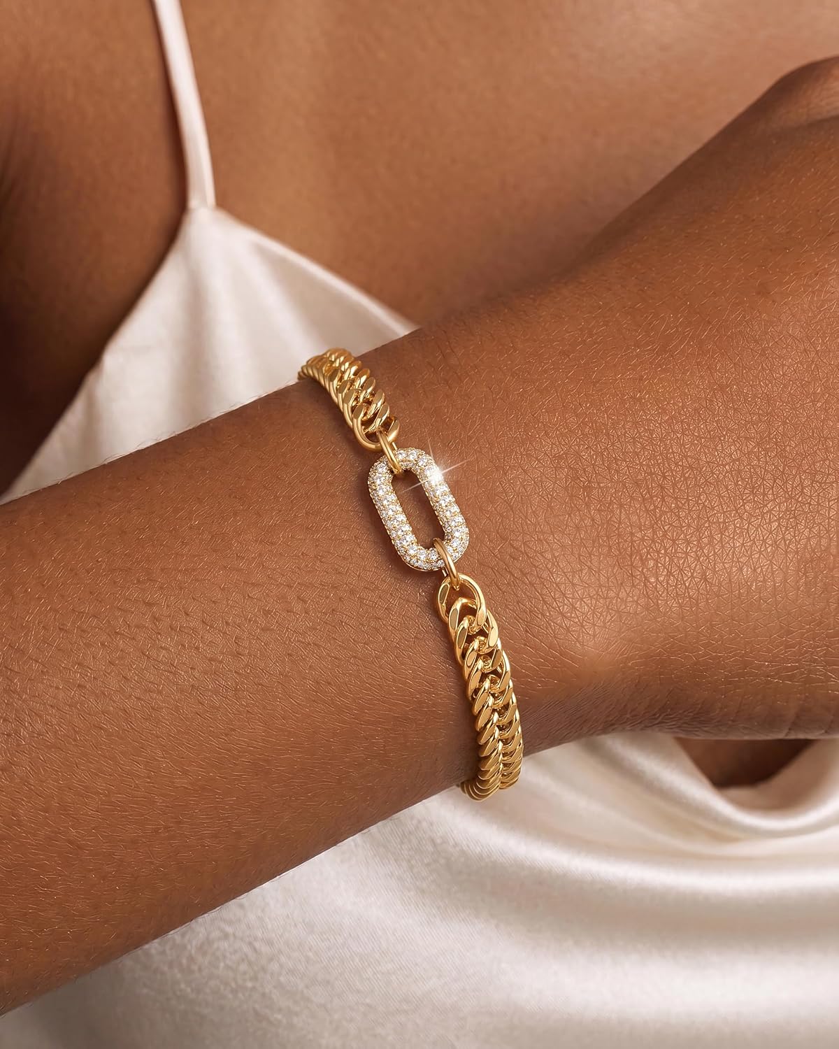 Chunky Gold Bracelet for Women, 14K Gold Plated Cuban Link with CZ - Image 2