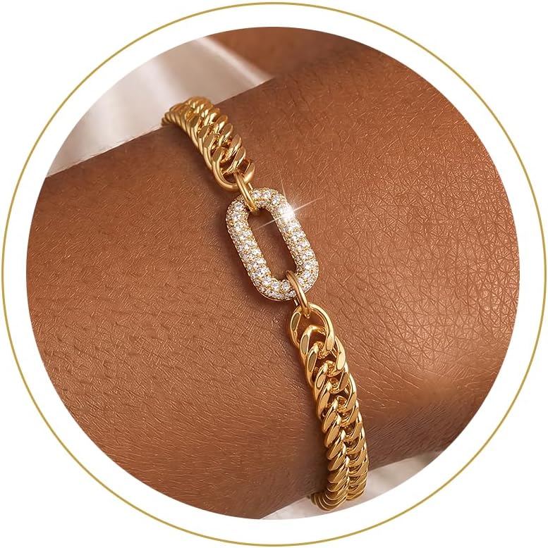 Chunky Gold Bracelet for Women, 14K Gold Plated Cuban Link with CZ