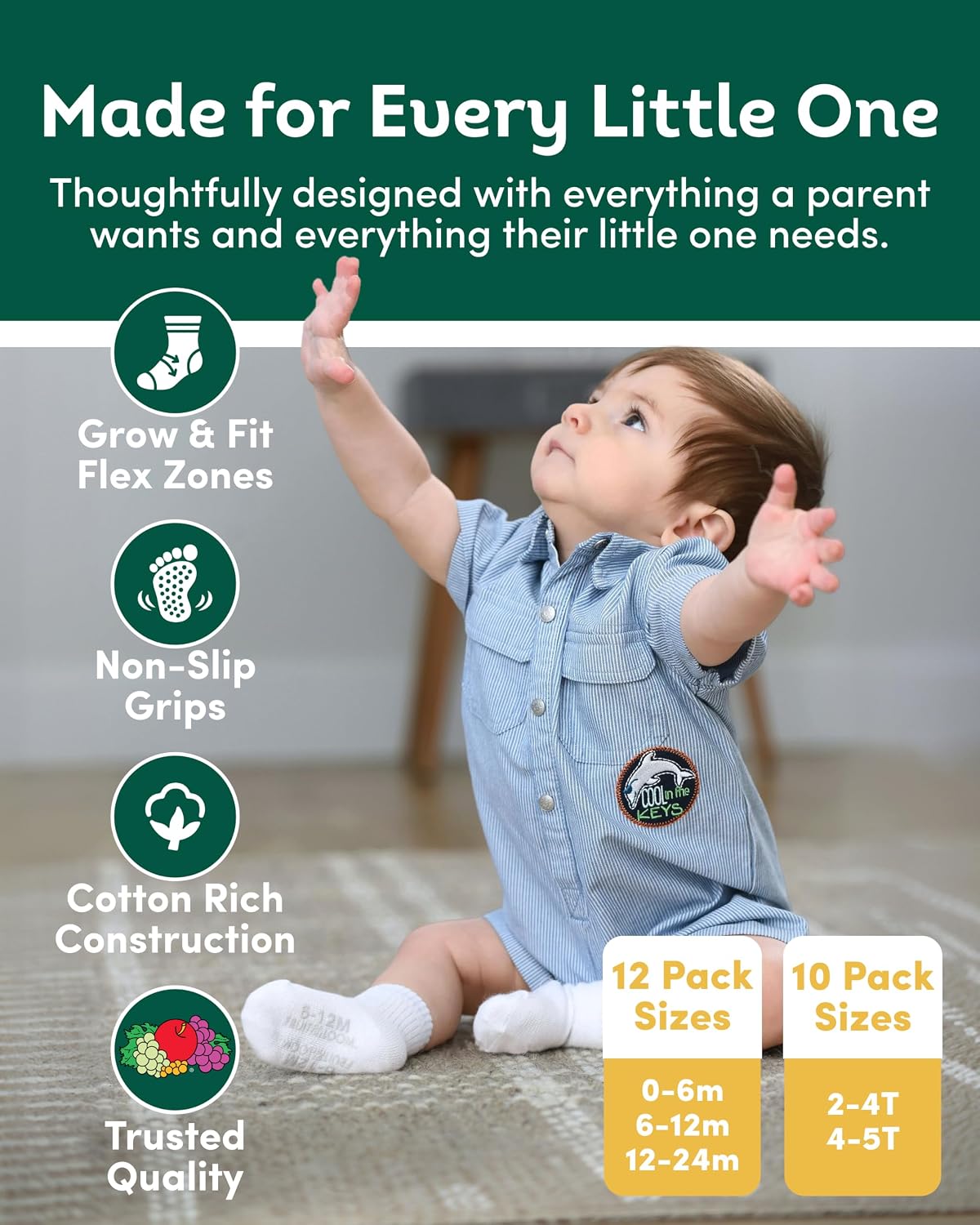 Fruit of the Loom Baby & Toddler Grow & Fit Flex Zones Cotton Stretch Socks - Unisex, Girls, Boys - Image 2