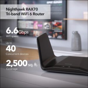 NETGEAR Nighthawk 8-Stream WiFi 6 Router (RAX70) – Security Features, AX6600 Tri-Band Wireless Speed (up to 6.6 Gbps) – Coverage up to 2,500 sq. ft., 40 Devices