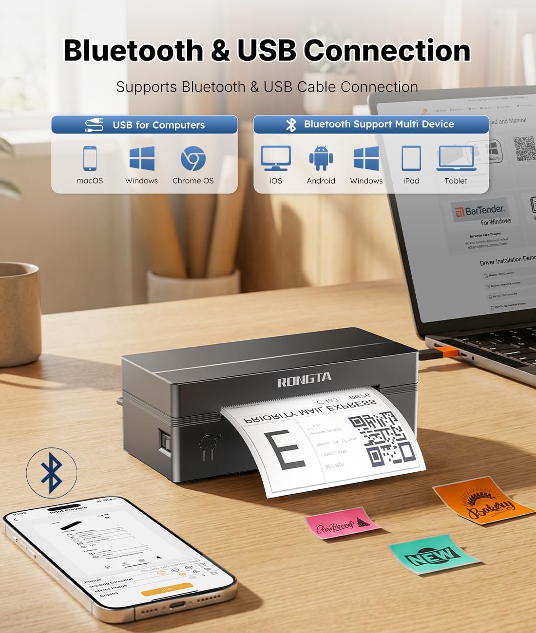 Rongta Bluetooth Thermal Shipping Label Printer, Wireless 4x6 Label Printer for Shipping Packages&Small Business, Compatible Windows/Mac/Android/iOS, RP425 - Image 2