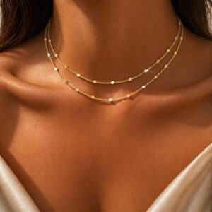 Warshion 14K Gold Plated Layered Necklaces for Women Dainty Choker Necklace Simple Trendy Cute Layered Charm Chain Jewelry for Gifts