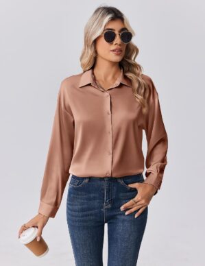 Zeagoo Womens Tops Long Sleeve Satin Silk Button Down Shirts Dressy Blouses