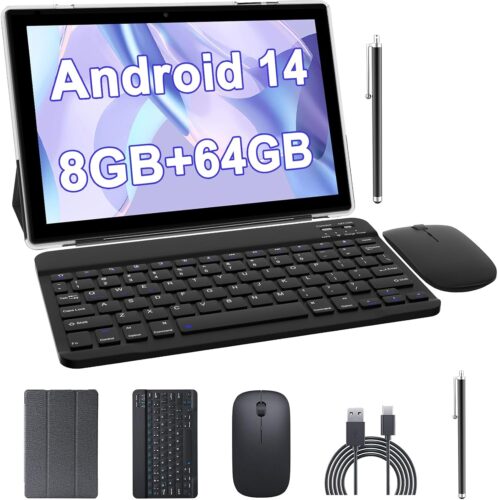 10 inch Android 14 Tablet with Keyboard, 2 in 1 Tablets Set Include Case Mouse Stylus, 8GB RAM+64GB ROM, Quad Core 10.1” Tab, 6000mAh Battery, 8MP Dual Camera, Google GMS Certification Tableta