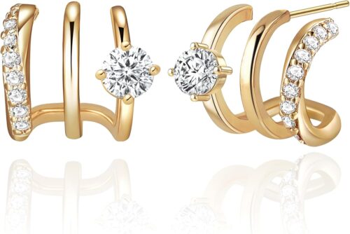 14K Gold Plated Hoop Earrings for Women Triple Huggie Illusion Stud Earring | Double Huggie Hoop Earrings for One Hole | Claw Ear Cuff Earring Jewelry Gift for Women