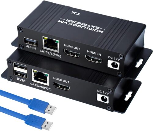 164FT HDMI KVM USB Extender, HDMI to RJ45 Over Cat5e/6/7 1080P@60hz KVM Extender HDMI Over Ethernet Transmitter Receiver Support Keyboard Mouse USB Control No Latency POC Function Single Power