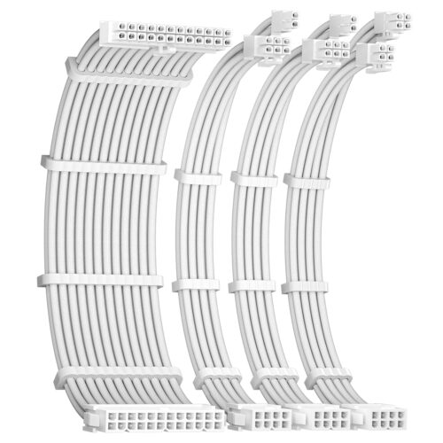 16AWG PSU Cable Extension, Soft Braided Cable Extension PC, 1x24Pin ATX / 1x8Pin(4+4) EPS / 2x8Pin(6+2) PCI-e PSU Extension Cable Kit, 30cm with Combs, White (White Connector)