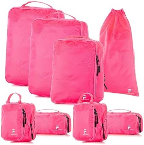 8 Piece Compression Packing Cubes Set – Double Capacity Design for Travel – Small, Medium & Large Sizes – Carry-On Suitcase Organizer Bags (Hot Pink)