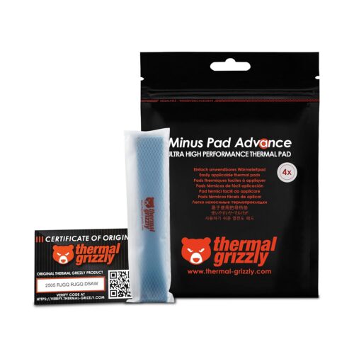 Thermal Grizzly Minus Pad Advance – 4-Pack Thermal Interface Pad, 120x20x0.5mm, Electrically Non-Conductive, High Thermal Conductivity & Compressibility for SSDs, GPUs & Electronics