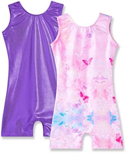 2 Packs Gymnastics Leotard for Girls Sparkle Biketards with Shorts Kids Sleeveless Unitard One-Piece Dancewear