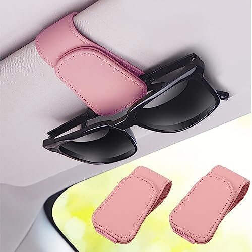 2 Packs Sunglass Holder for Car Sun Visor, Magnetic Eyeglass Hanger Clip for Car Visor, Leather Car Glasses Mount, Car Interior Visor Accessories (Pink-2Pcs)