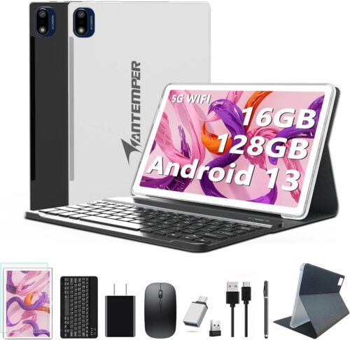 2025 Latest Android 13 Tablet 10.1 Inch, 5G WiFi Tablets Mit 16GB RAM+128GB ROM(1TB TF),2 In 1 Tablet with keyboard Mouse Pen-Octa-Core2.0Ghz | 7000mAh | 1080FHD | 13MP Camera | WLAN GPS -Silvery
