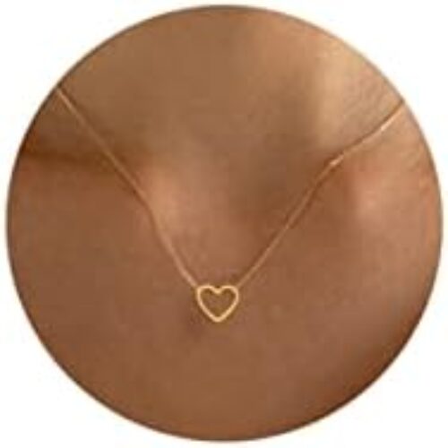 Tewiky Cute Heart Necklace Tiny 14k Gold Heart Pendant Choker Necklaces Small Gold Love Open Heart Chain Necklace for Women Dainty Gold Necklace Gifts for Her