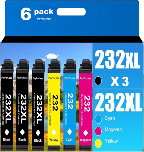 232XL Remanufactured for Epson 232XL Ink Cartridges Combo Pack Epson 232XL T232 XL for Epson XP-4200 XP-4205 Epson Workforce WF-2930 WF-2950 Printer 6 Pack 3 Black 1 Cyan 1 Magenta 1 Yellow