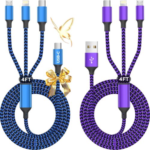 2Pack 4FT USB Multi Charging Cable, 3 in 1 Universal Charging Cable for Multiple Devices, Nylon Braided Phone Charger Cord with Type C, Micro USB, Lightning Port