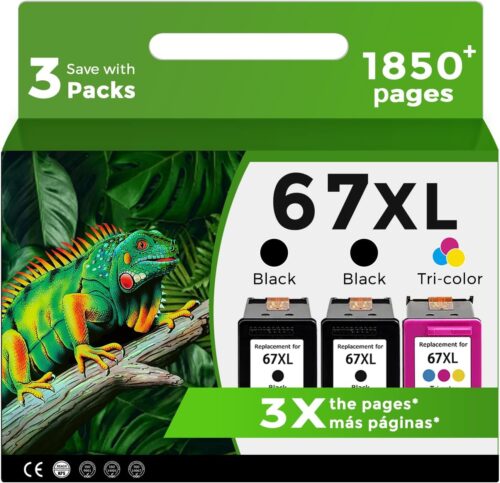 3 Pack 67XL Black/Color Remanufactured Ink Cartridge Replacement for HP Ink 67 HP67 XL Combo for 2755e 2700 2700e 2752e 2742e 2755 2855e 4100 4152e 4155e 6000 6055e 6055 6400 6458 6452 6455 Printer