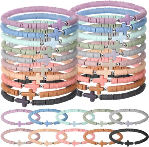 30 Pcs Cross Bracelets Bulk Jesus Bracelets Handmade Elastic Colorful Polymer Clay Beaded Religious Wristbands Christian Wristbands for Women Kids First Communion Sunday Easter