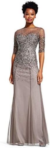 Adrianna Papell Women’s Sweetheart Neckline Illusion Gown featuring 3/4 Sleeve and Beaded Details