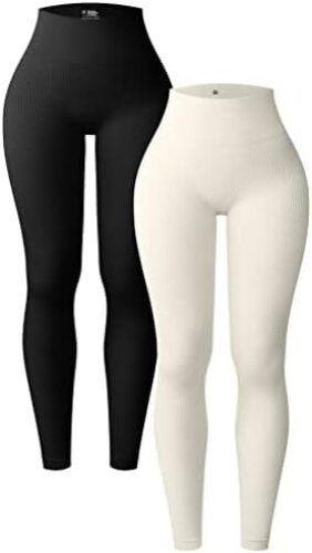 OQQ Women’s 2 Piece Yoga Leggings Ribbed Seamless Workout High Waist Athletic Pants